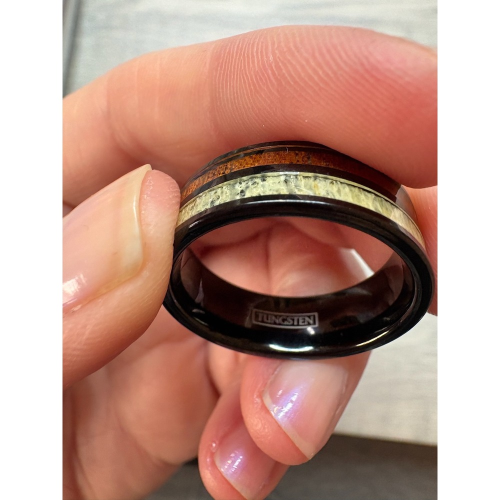 Tungsten Black Carbide Wedding Band Whiskey‎ Barrel Wood & Antler Inlay Size 12
